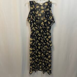 Gilli Black Yellow Floral High Low Cold Shoulder V-Neck Ruffles Dress Large